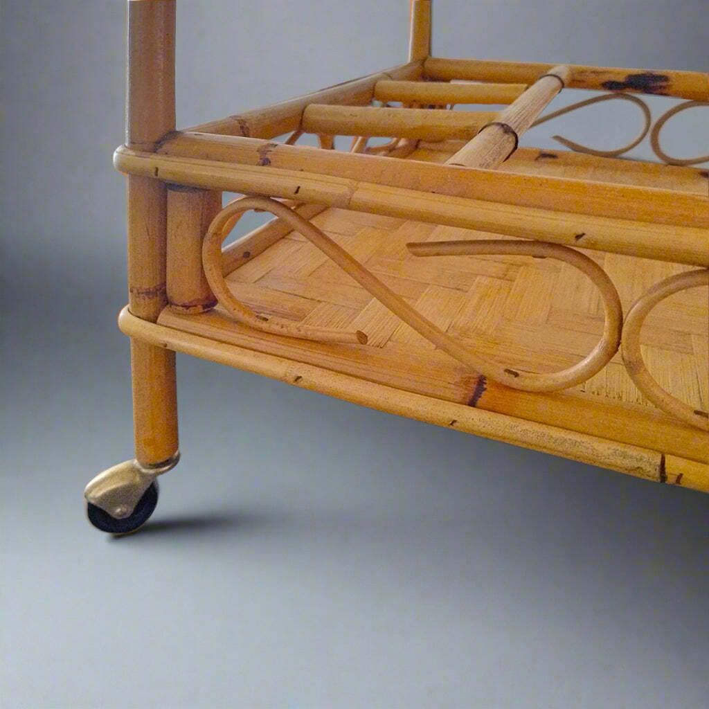 photo furniture 1960s Gorgeous And Elegant Serving Bar Cart In Bamboo & Rattan By Franco Albini. Made In Italy