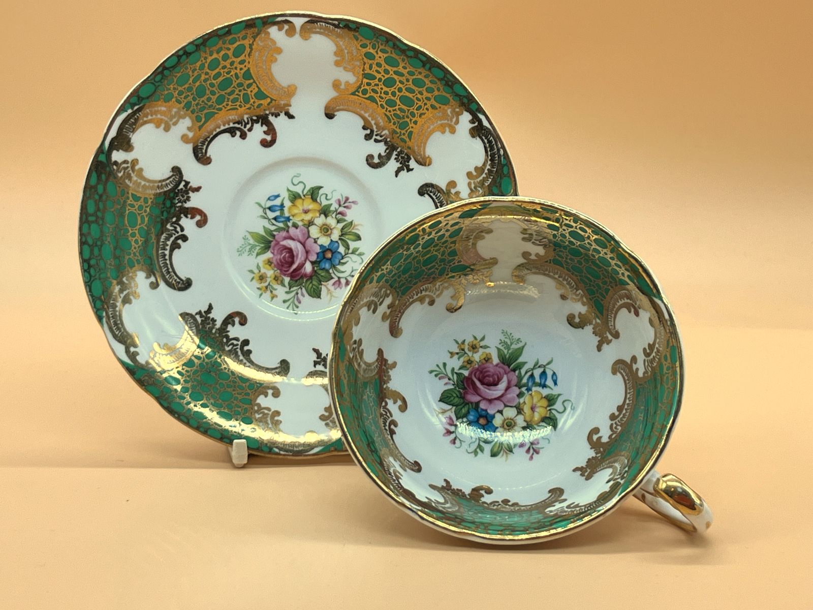 Vintage Paragon China Green And Gold With Pink Chintz Centre Tea Cup And Saucer Duo. No. 3214.