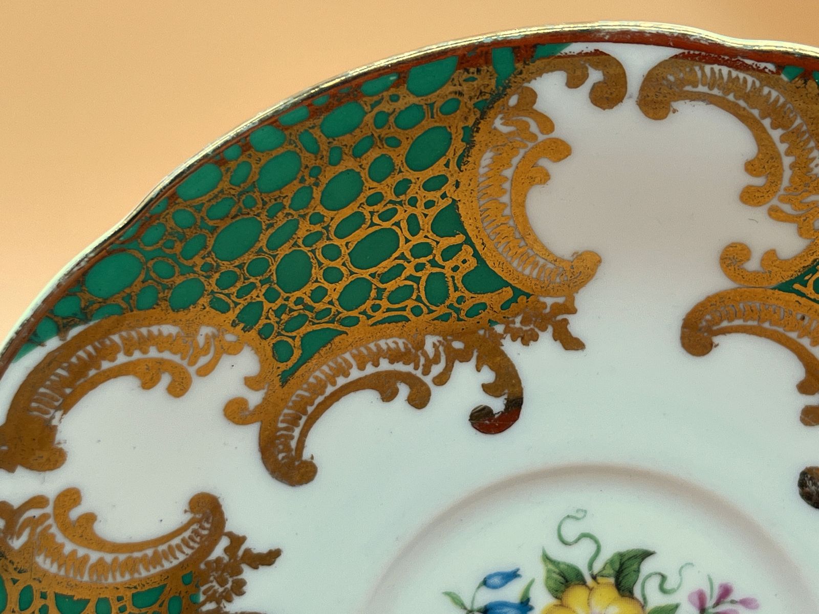 Vintage Paragon China Green And Gold With Pink Chintz Centre Tea Cup And Saucer Duo. No. 3214. photo for sale