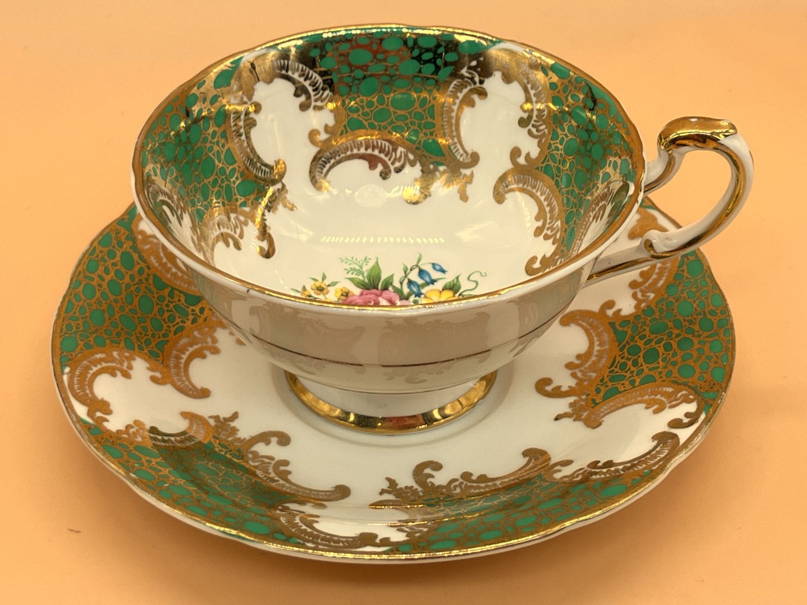 photo for sale Vintage Paragon China Green And Gold With Pink Chintz Centre Tea Cup And Saucer Duo. No. 3214.