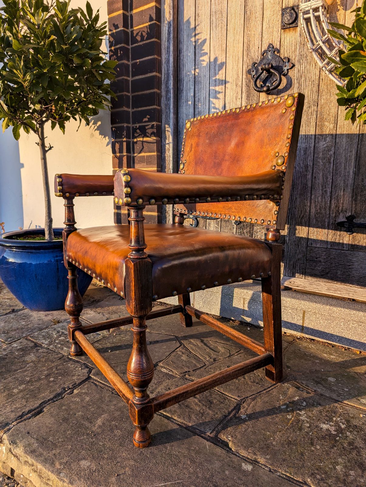 Leather & Oak Studded Antique Armchair | Spanish Mediterranean Style Captain's Chair photo furniture