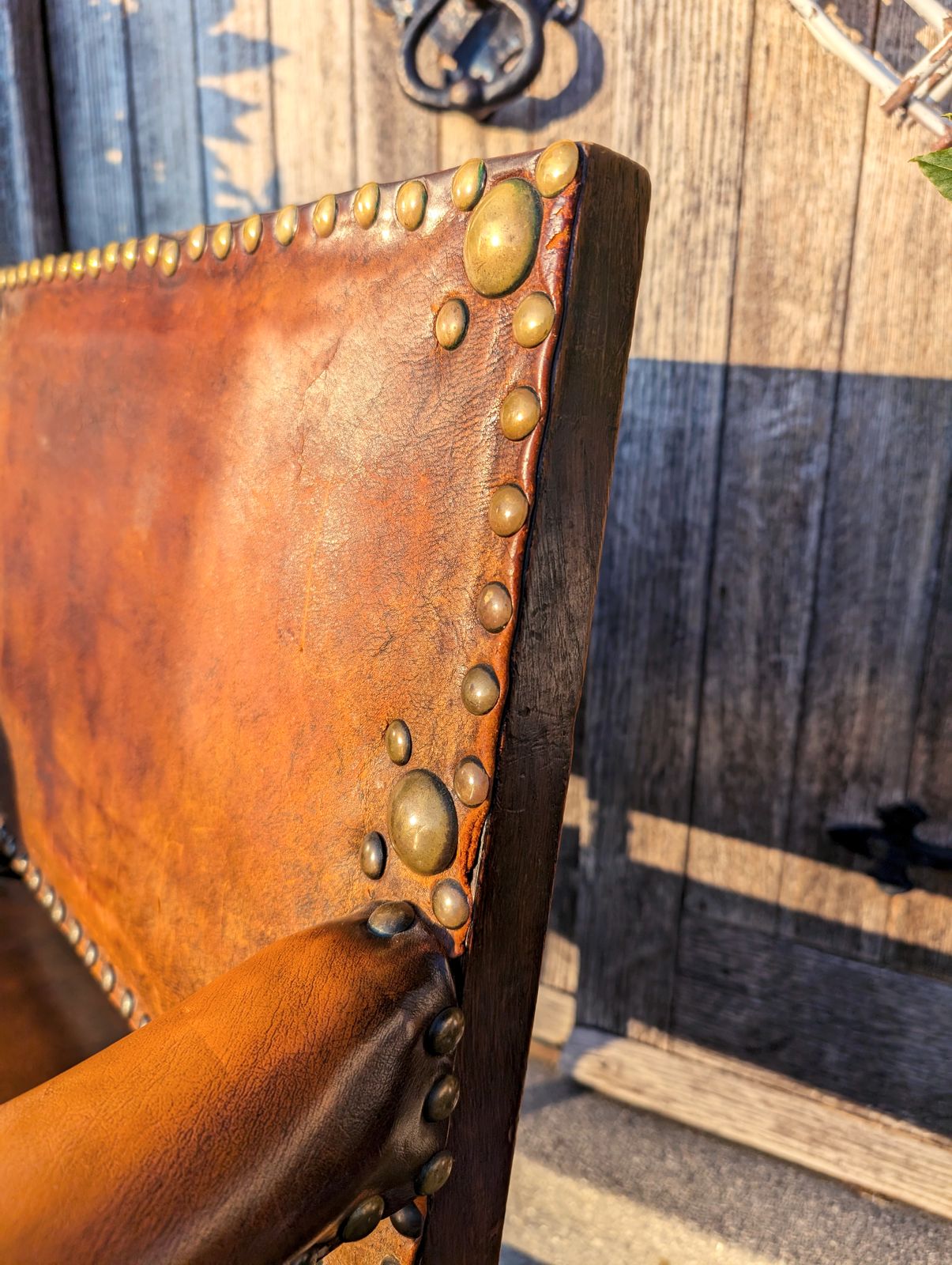 Leather & Oak Studded Antique Armchair | Spanish Mediterranean Style Captain's Chair photo for sale