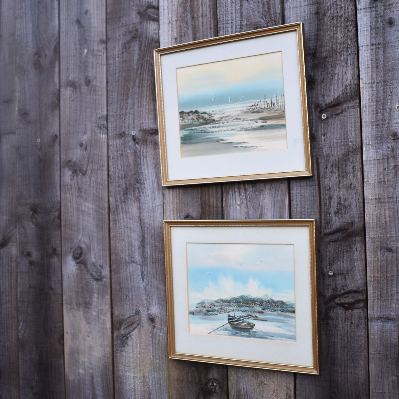 photo furniture Vintage J. Marn Blue Seascape Costal Sailboat Seagulls Watercolour Signed Pair