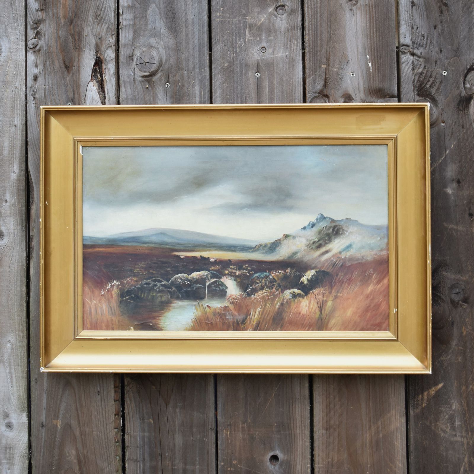 Antique South Dartmoor Large Moody Moorland Landscape Oil On Canva Sofa Painting