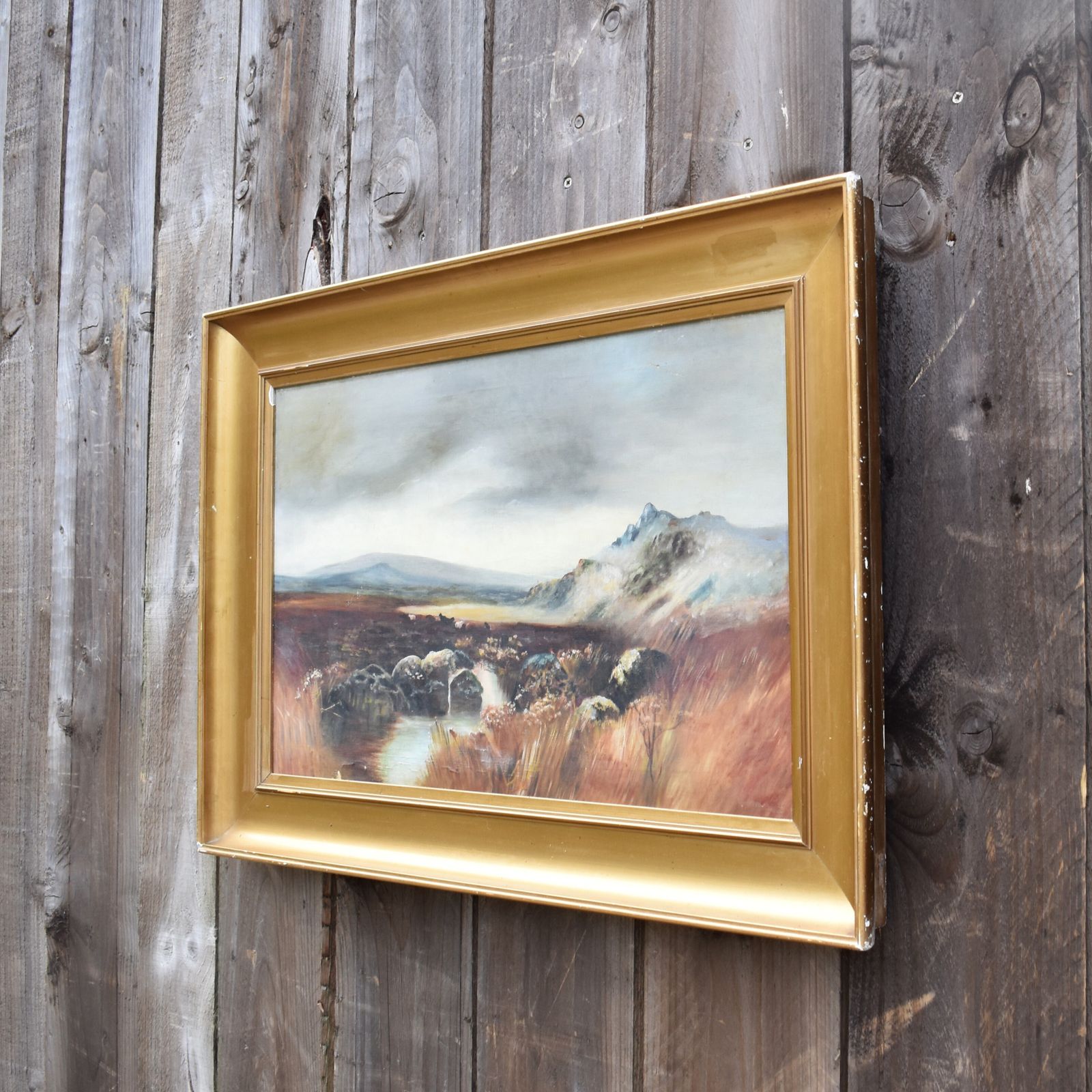 Antique South Dartmoor Large Moody Moorland Landscape Oil On Canva Sofa Painting photo furniture
