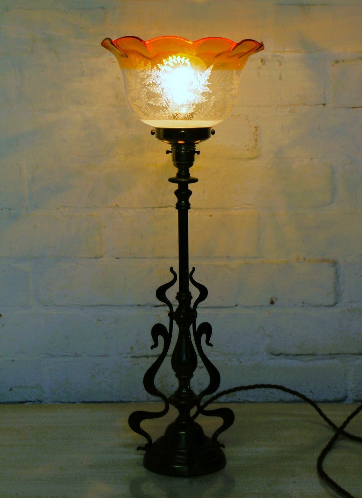 Table Lamp Art Nouveau Antique Lamp Brass With Period Shade Amber Rim And Etched photo Lighting