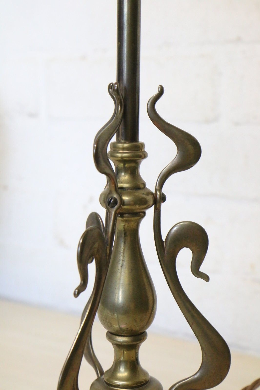 Lighting Table Lamp Art Nouveau Antique Lamp Brass With Period Shade Amber Rim And Etched photo