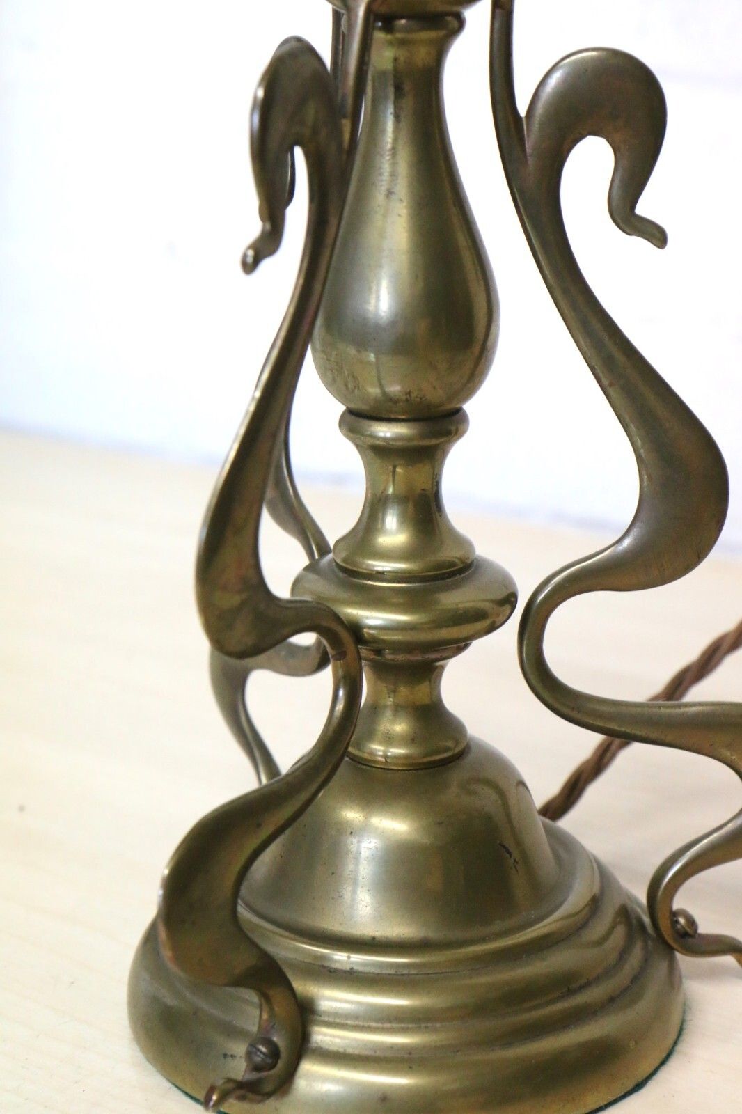 245.0 Table Lamp Art Nouveau Antique Lamp Brass With Period Shade Amber Rim And Etched photo