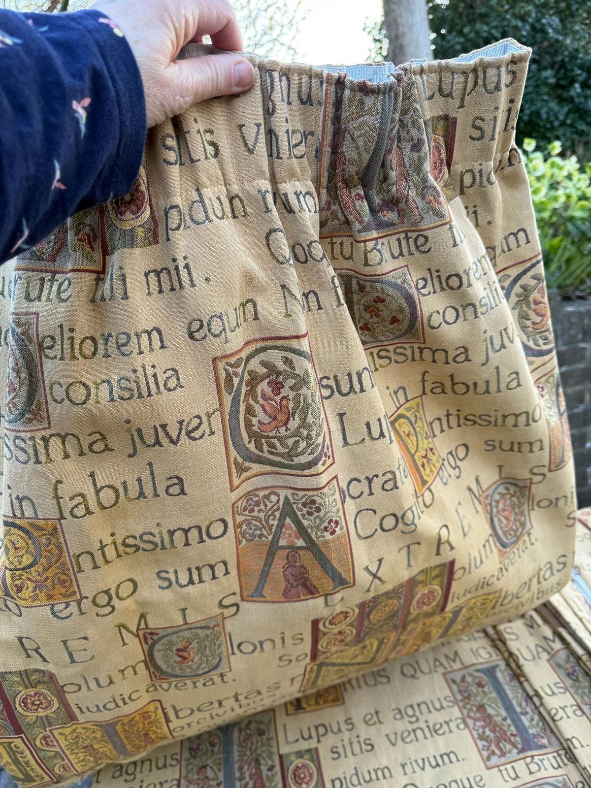 Superb Vintage Curtains (3 Pairs, 6 Drops) In Quality Latin Script Fabric, Lined And Pencil Pleats   178cm Drop, 125cm Width Per Drop photo Textiles