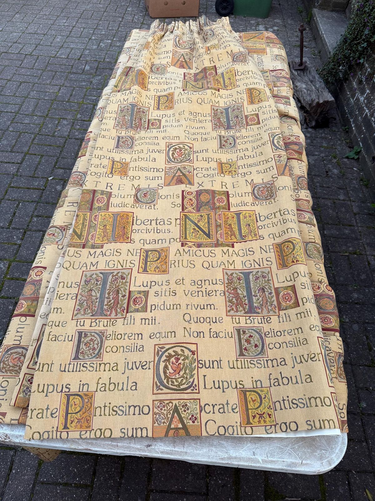 Superb Vintage Curtains (3 Pairs, 6 Drops) In Quality Latin Script Fabric, Lined And Pencil Pleats   178cm Drop, 125cm Width Per Drop photo 225.0