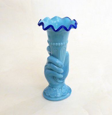 Main Au Cornet Vase In Molded Blue Opaline Glass From Valléerysthal, France, Early 20th Century
