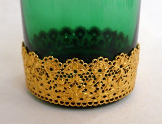 Small Toilet Pot In Green Glass & Gold Metal, Flower & Openwork Lace Decor, 1950s photo vintage