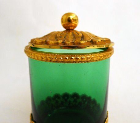 Home Decor Small Toilet Pot In Green Glass & Gold Metal, Flower & Openwork Lace Decor, 1950s photo