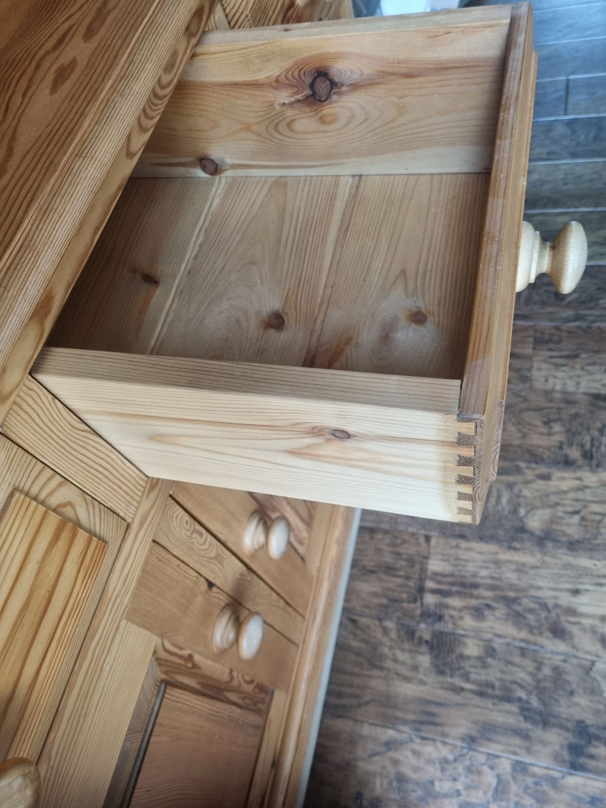 Traditional Pine Dresser, Very Well Made, Solid And In Good Condition. Comprises Of 2 Upper Shelves, 6 Draws And Large Base Cupboad For Storage. The Top Comes Off The Base For Easier Transportation. photo for sale