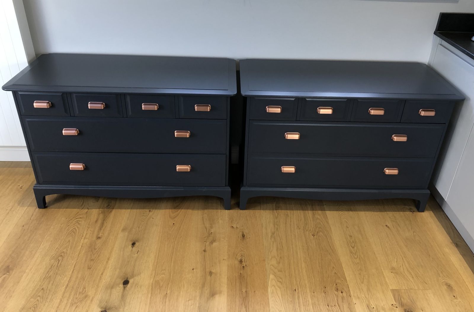 Stag Minstrel Pair Of 4 Over 2 Chest Of Drawers Painted Blue photo vintage