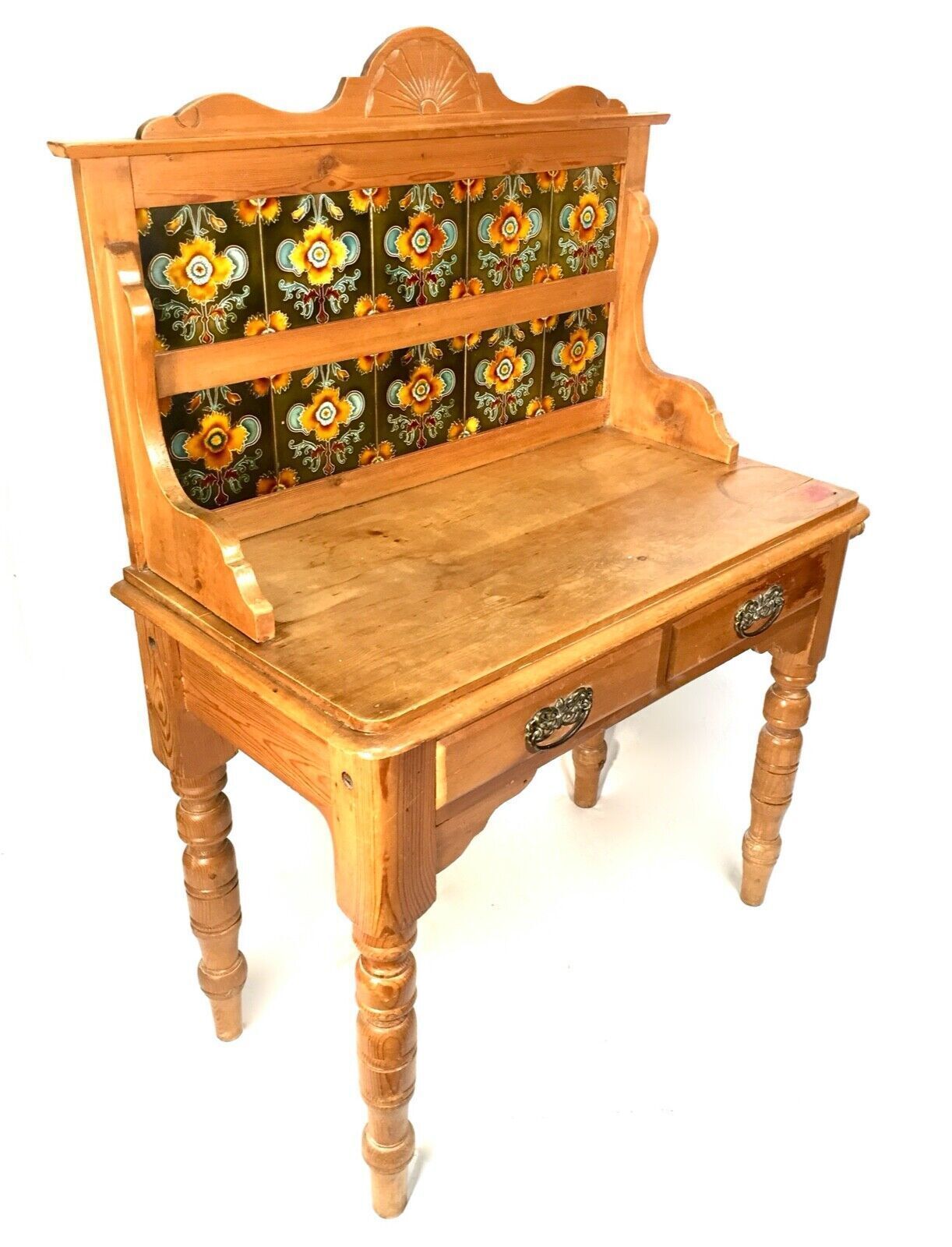 Antique Victorian Pine Wash Stand Table With Art Nouveau Ceramic Tiles C.1890