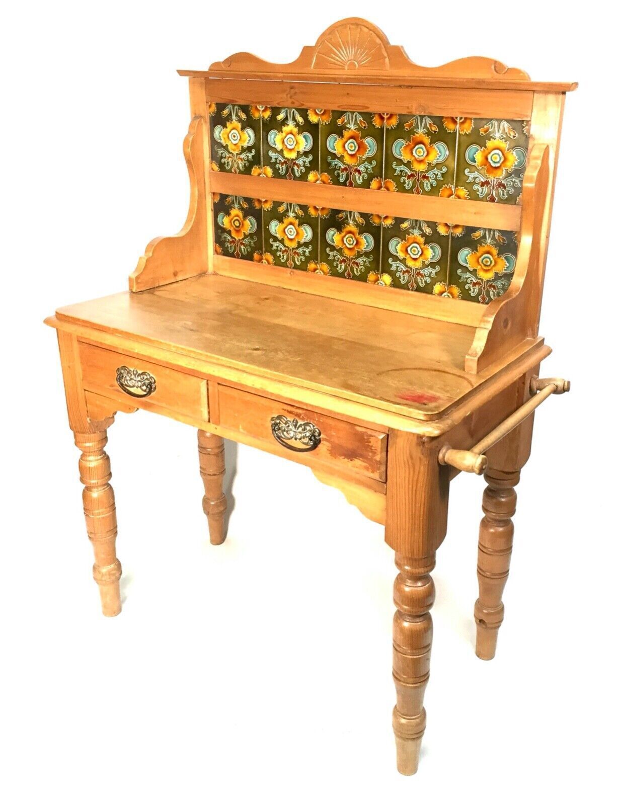 Antique Victorian Pine Wash Stand Table With Art Nouveau Ceramic Tiles C.1890 photo for sale