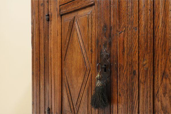 photo for sale Belgian Hand Carved Single Door Cabinet In Oak, 16th Century