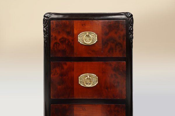 Art Deco Nightstands In Burl Veneer, Oak And Copper, France, 1910s, Set Of 2 photo furniture