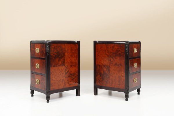 Art Deco Nightstands In Burl Veneer, Oak And Copper, France, 1910s, Set Of 2 photo for sale