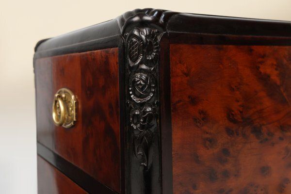 Art Deco Nightstands In Burl Veneer, Oak And Copper, France, 1910s, Set Of 2 photo Furniture