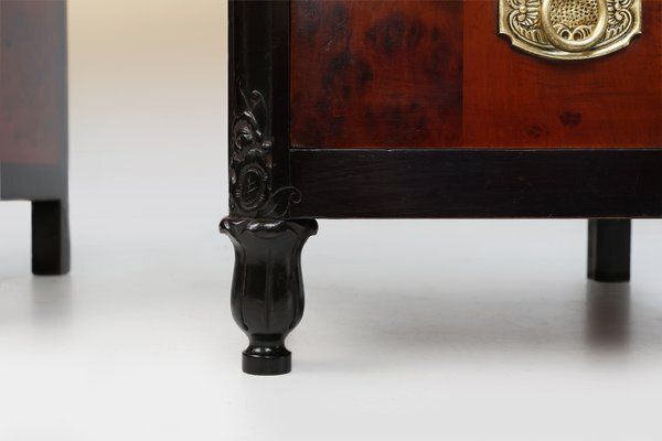 Art Deco Nightstands In Burl Veneer, Oak And Copper, France, 1910s, Set Of 2 photo vinterior