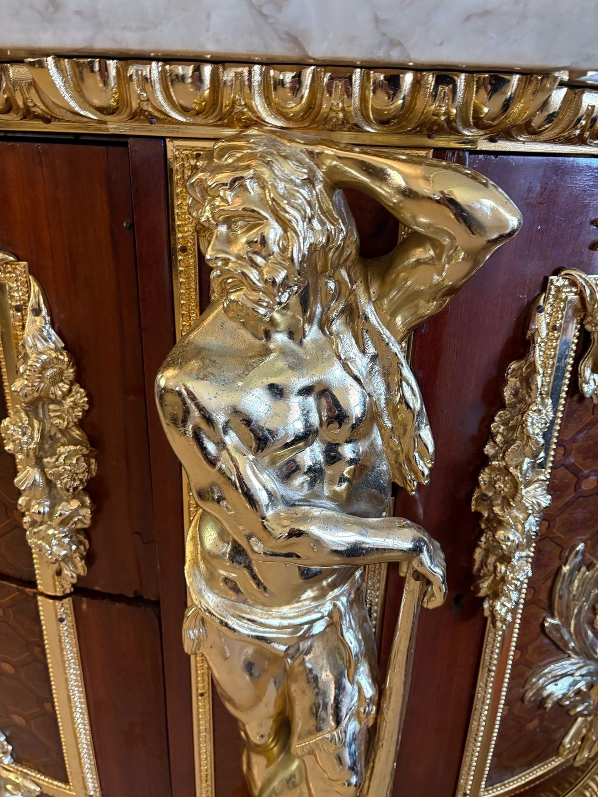 Antique Rare Fine Pair Of French Marquetry And Gilt Bronze Mounted Commodes In The Louis XVI Style, After Jean Henri Riesener photo Furniture