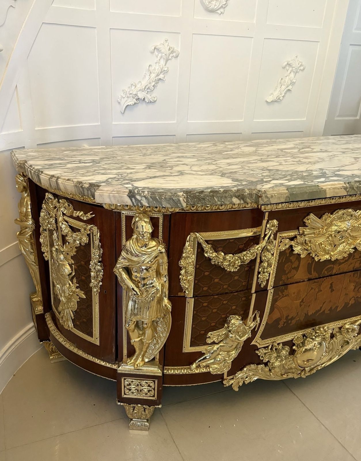 Antique Rare Fine Pair Of French Marquetry And Gilt Bronze Mounted Commodes In The Louis XVI Style, After Jean Henri Riesener photo vinterior