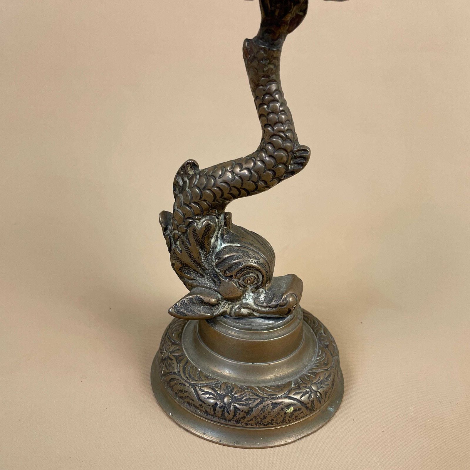 Antique Brass Gold Metal Fish Candlestick Table Candle Stick Detailed Dinner Round Base Vintage photo for sale