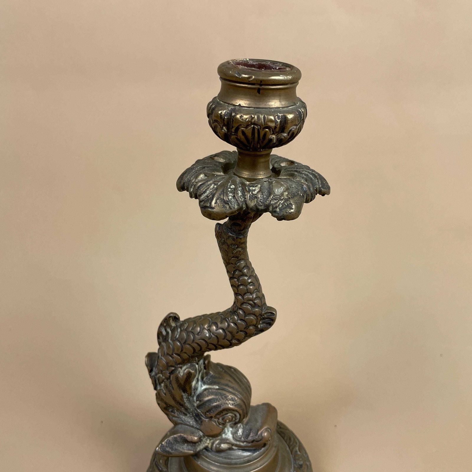 Antique Brass Gold Metal Fish Candlestick Table Candle Stick Detailed Dinner Round Base Vintage photo Home Decor