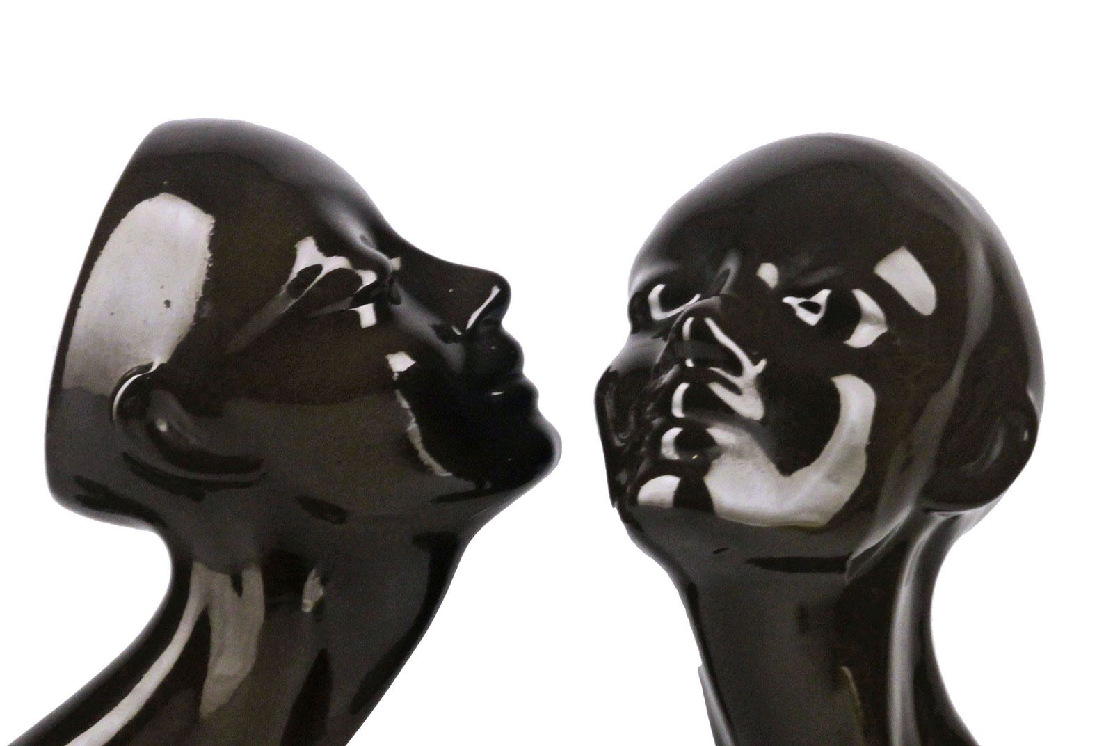 Pair Of Late 20th Century French Enameled Glazed Black Ceramic Women Busts/Heads photo vinterior