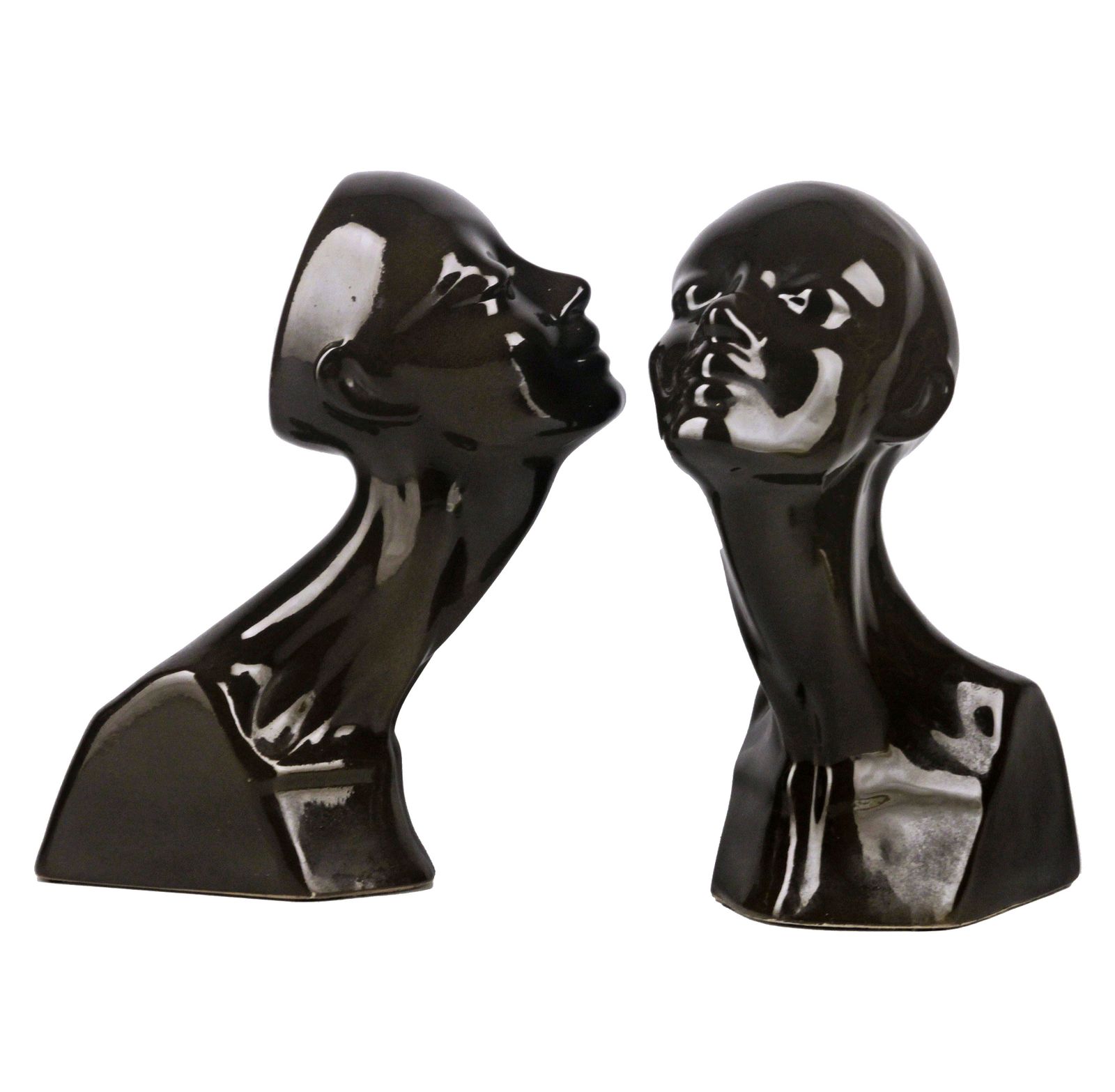 Pair Of Late 20th Century French Enameled Glazed Black Ceramic Women Busts/Heads