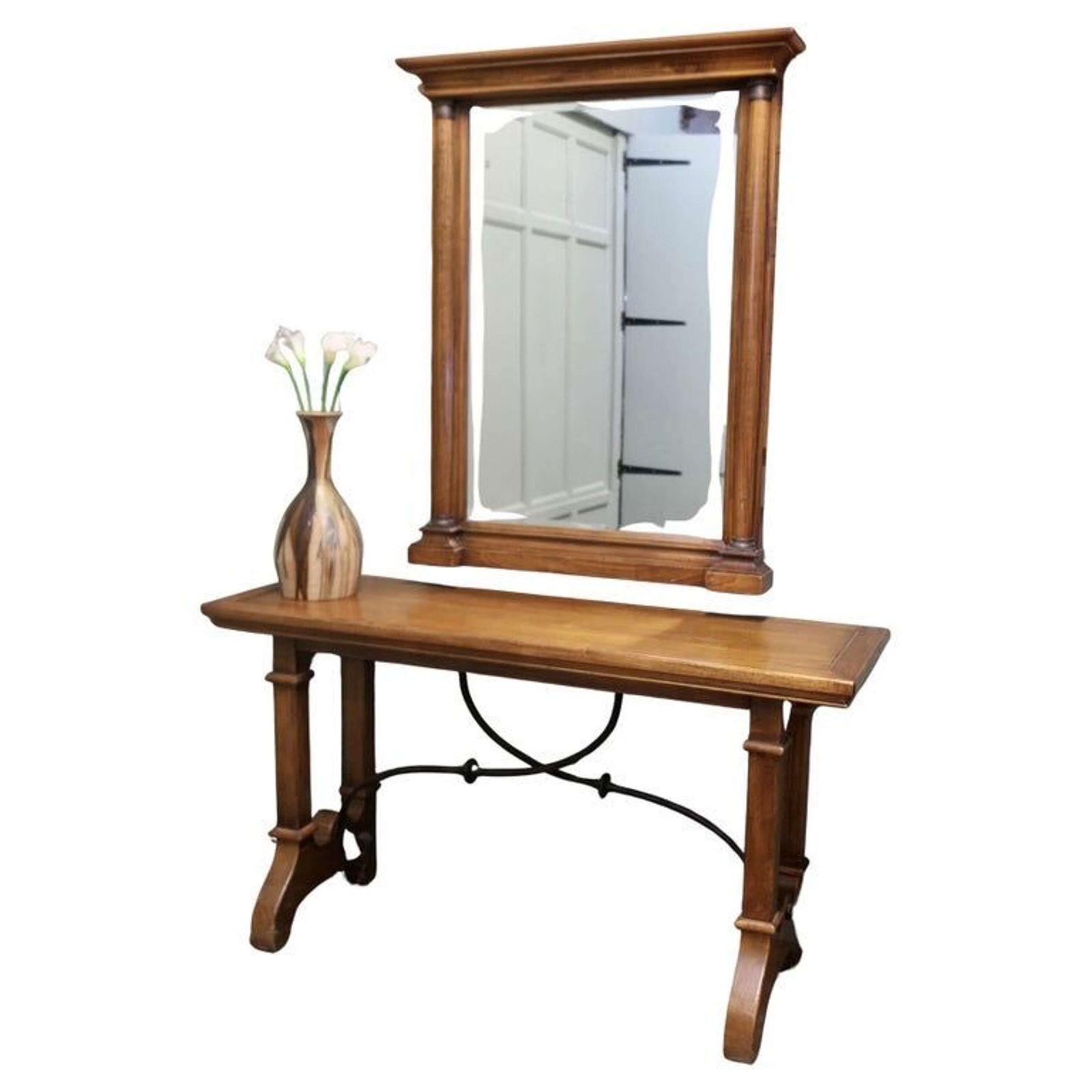 Golden Oak Arts And Crafts Console And Mirror