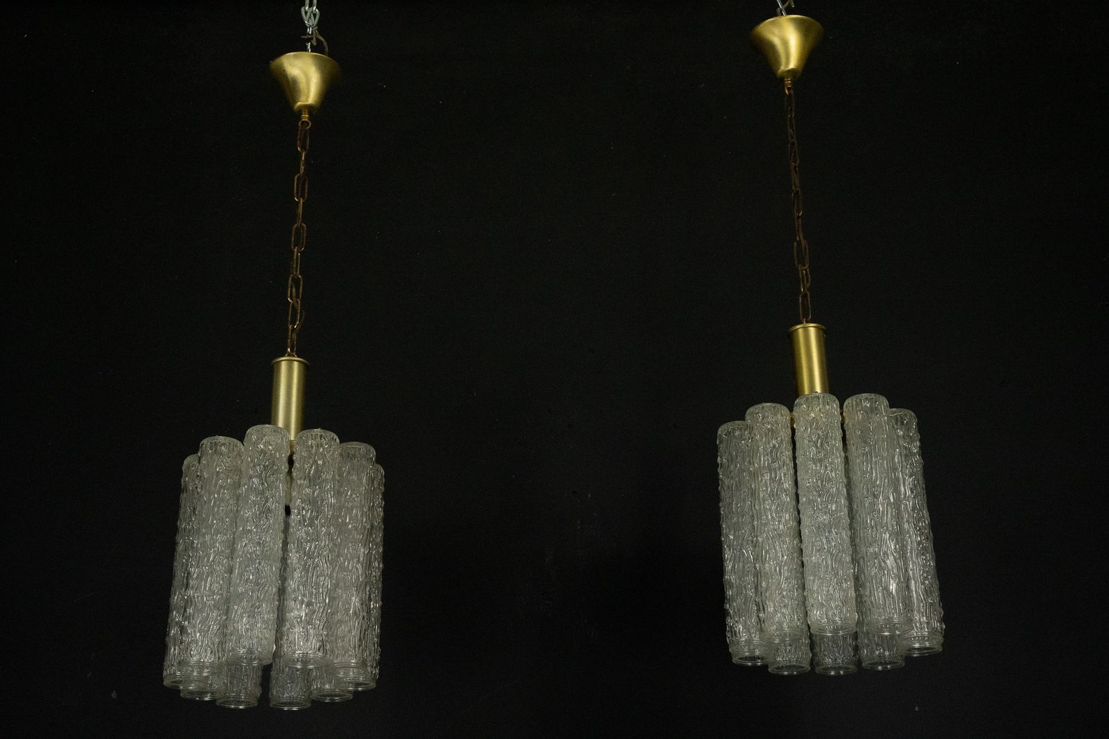 Pair Of Murano Glass And Brass Chandeliers In The Style Of Toni Zuccheri. Italy 1970s photo vinterior