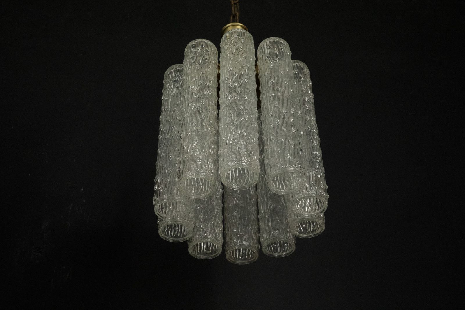 photo vintage Pair Of Murano Glass And Brass Chandeliers In The Style Of Toni Zuccheri. Italy 1970s
