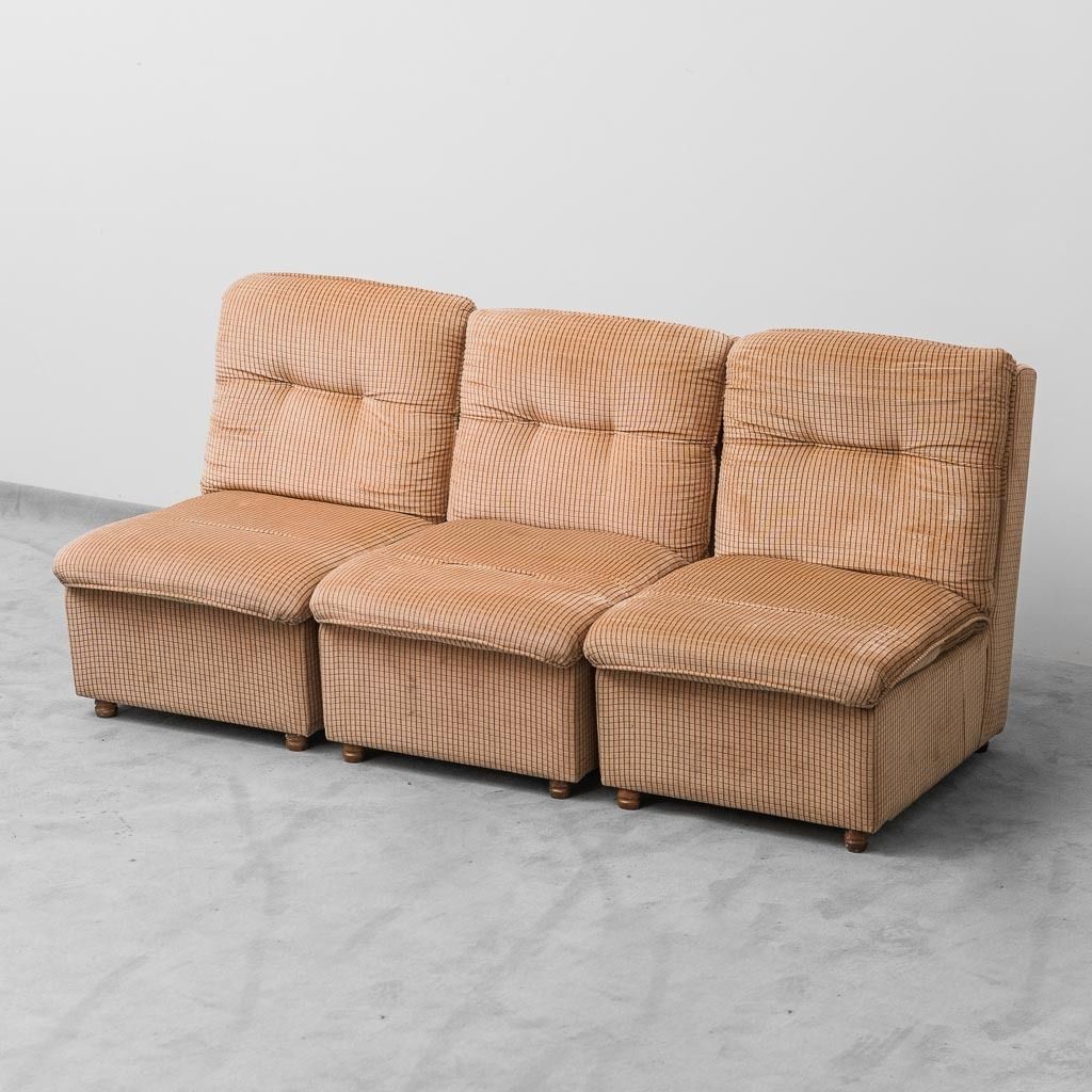 Set Of 3 Modular Armchairs In Beige Checked Fabric From The 70s, Vintage Modernism
