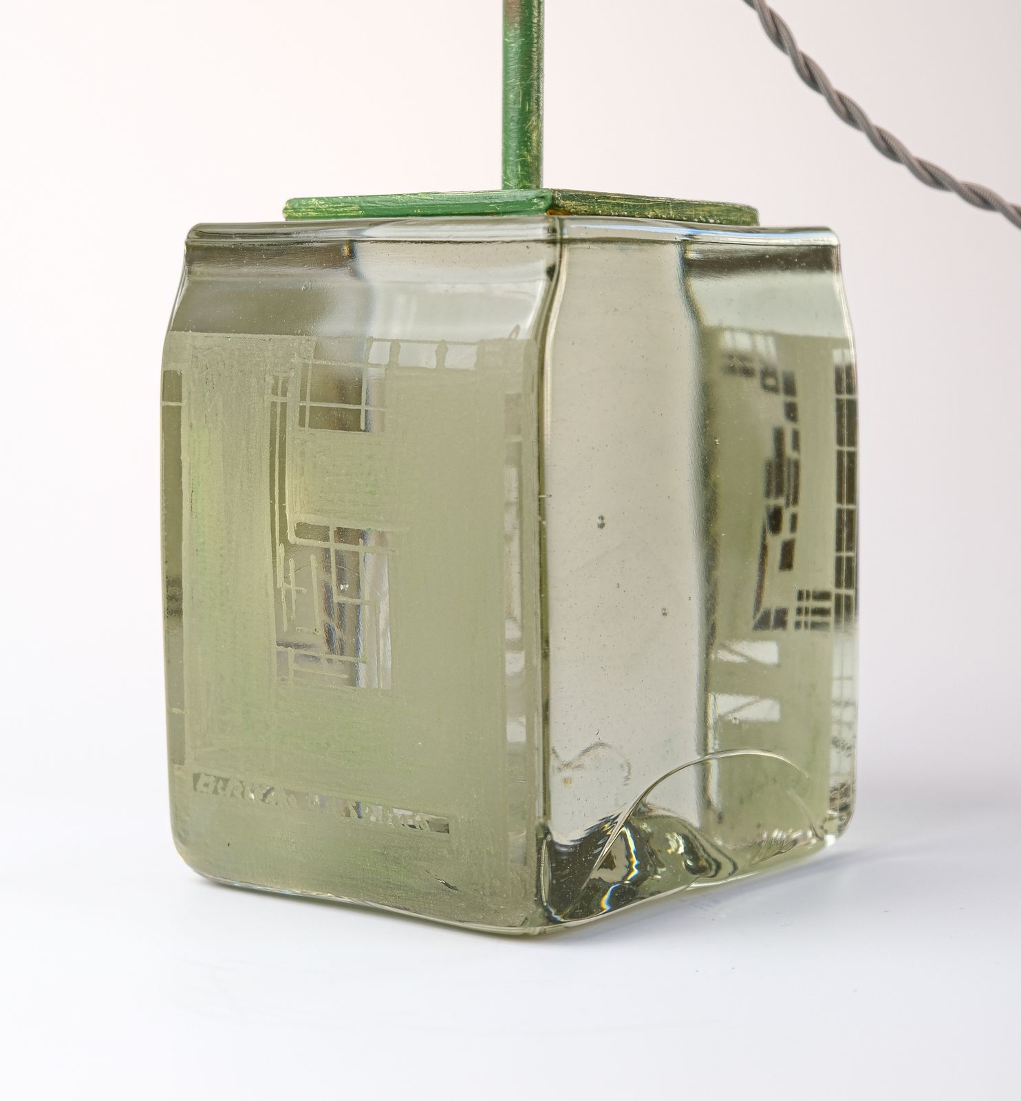 Rare French Signed & Dated Cubist Glass Table Lamp By Anatole Riecke, 1950 photo for sale