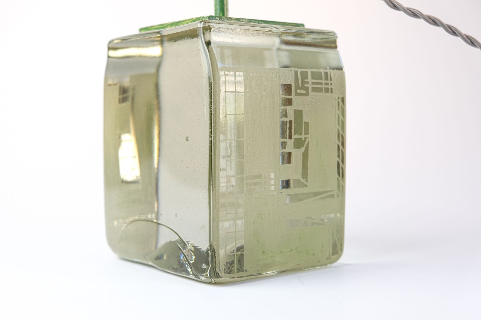 Rare French Signed & Dated Cubist Glass Table Lamp By Anatole Riecke, 1950 photo vinterior