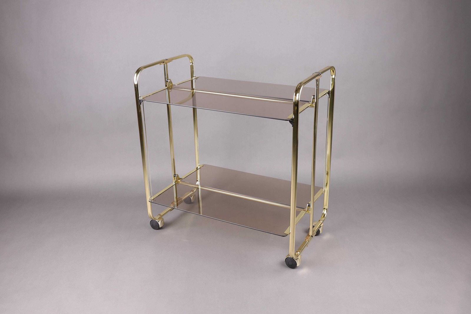 Vintage Opvouwbare Barkar | Gouden Trolley Met Rookglas | Mid Century Modern Serveerwagen Op Wielen, Jaren 1980 photo Meubels