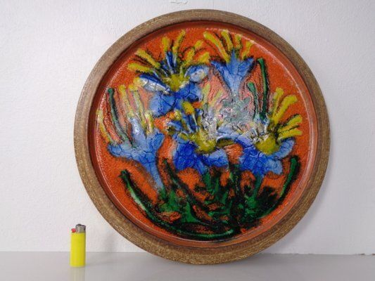Large Glazed Flower Studio Ceramic Wall Plaque, Germany, 1970s photo Art
