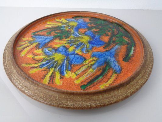 Large Glazed Flower Studio Ceramic Wall Plaque, Germany, 1970s photo vintage