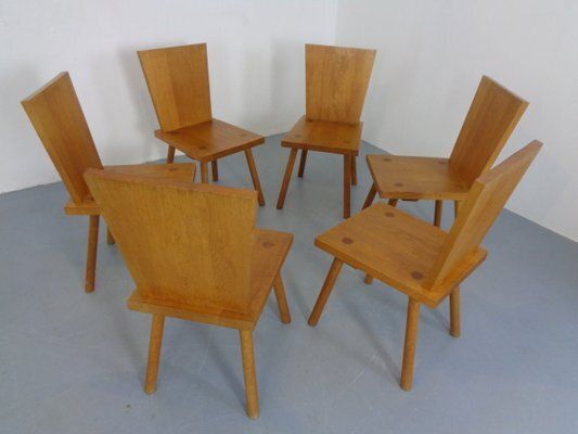 photo for sale Brutalist Oak Chairs By Göran Malmvall, Sweden, 1950s, Set Of 6