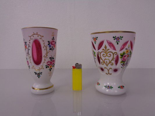 Czechoslovakian Hand Painted Bohemian Glass Vases, 1890s, Set Of 2 photo for sale