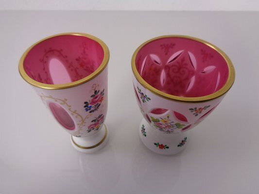 Czechoslovakian Hand Painted Bohemian Glass Vases, 1890s, Set Of 2 photo vintage