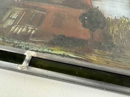 German Hand Painted Stained Glass Hanging Window Panel With Narrenmühle, 20th Century photo furniture