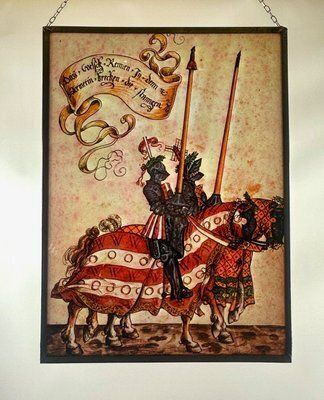 German Hand Painted Stained Glass Hanging Window Panel With Knights With Lances, 20th Century