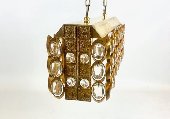 photo for sale Crystal And Gilt Brass Chandelier From Palwa, 1960s