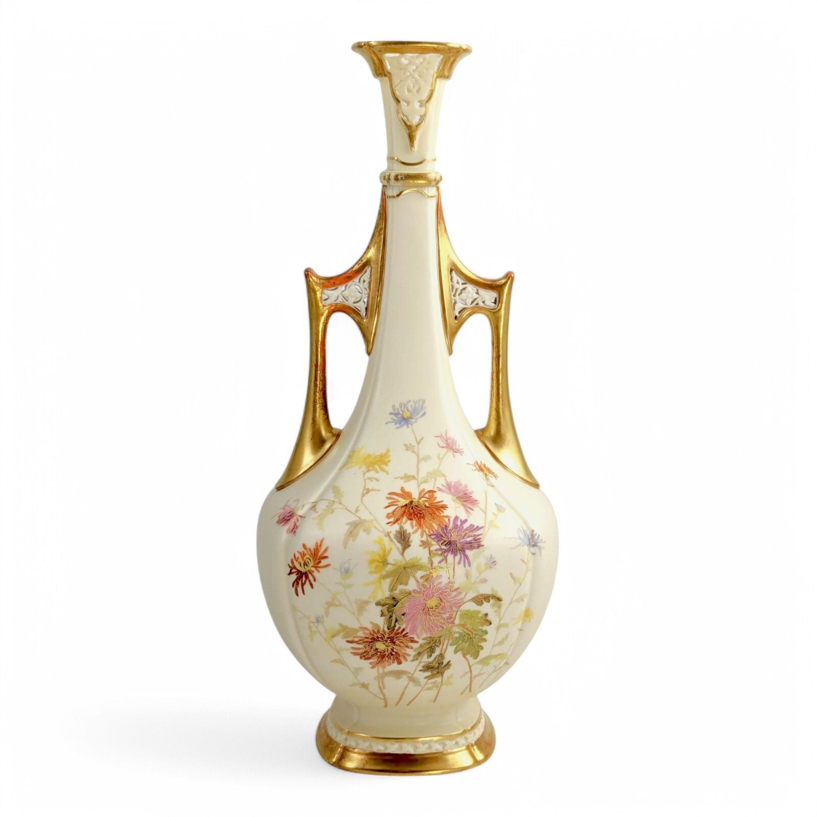 Royal Worcester Porcelain Vase, Hand Painted Chrysanthemums & Gilt Handles, 1890
