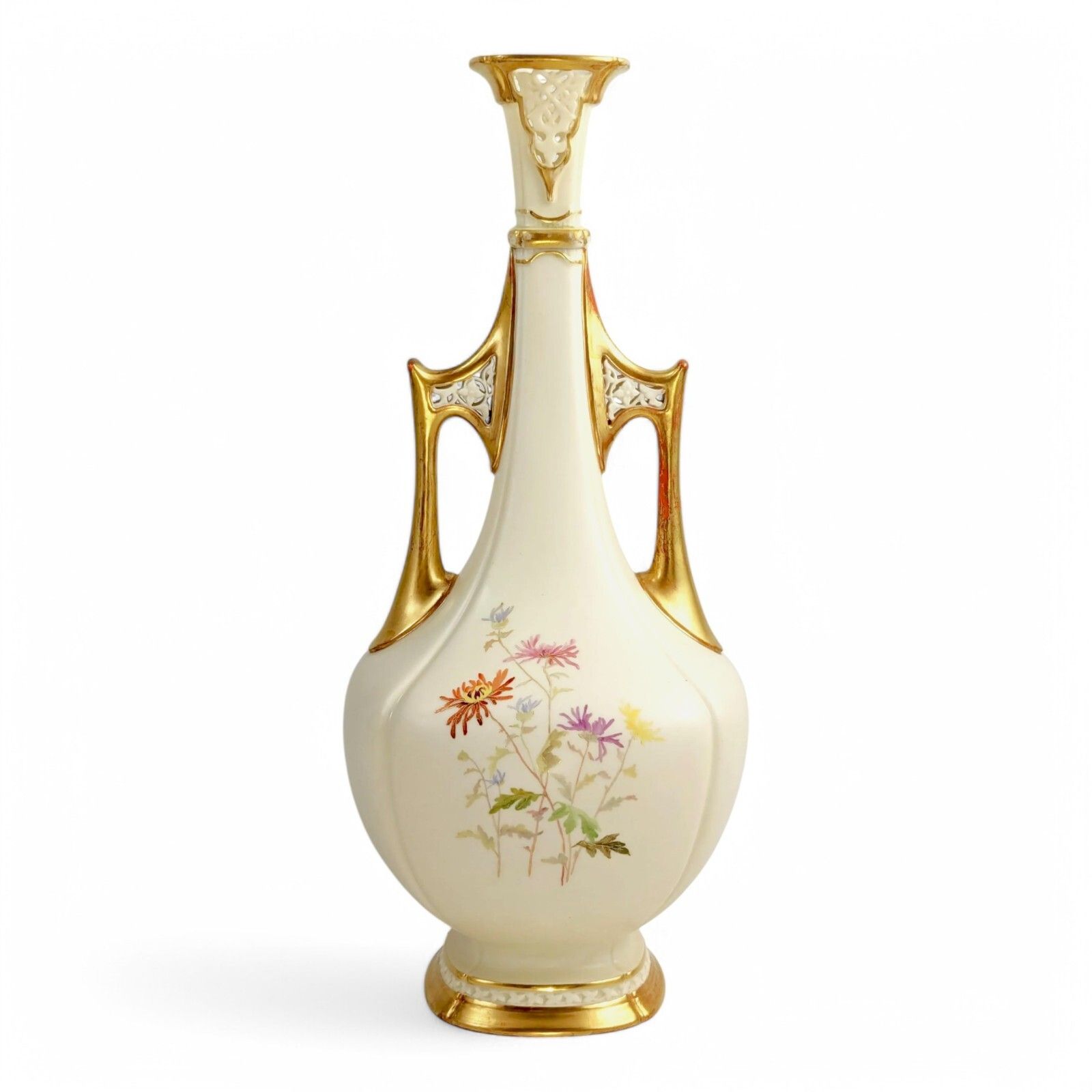 Royal Worcester Porcelain Vase, Hand Painted Chrysanthemums & Gilt Handles, 1890 photo for sale