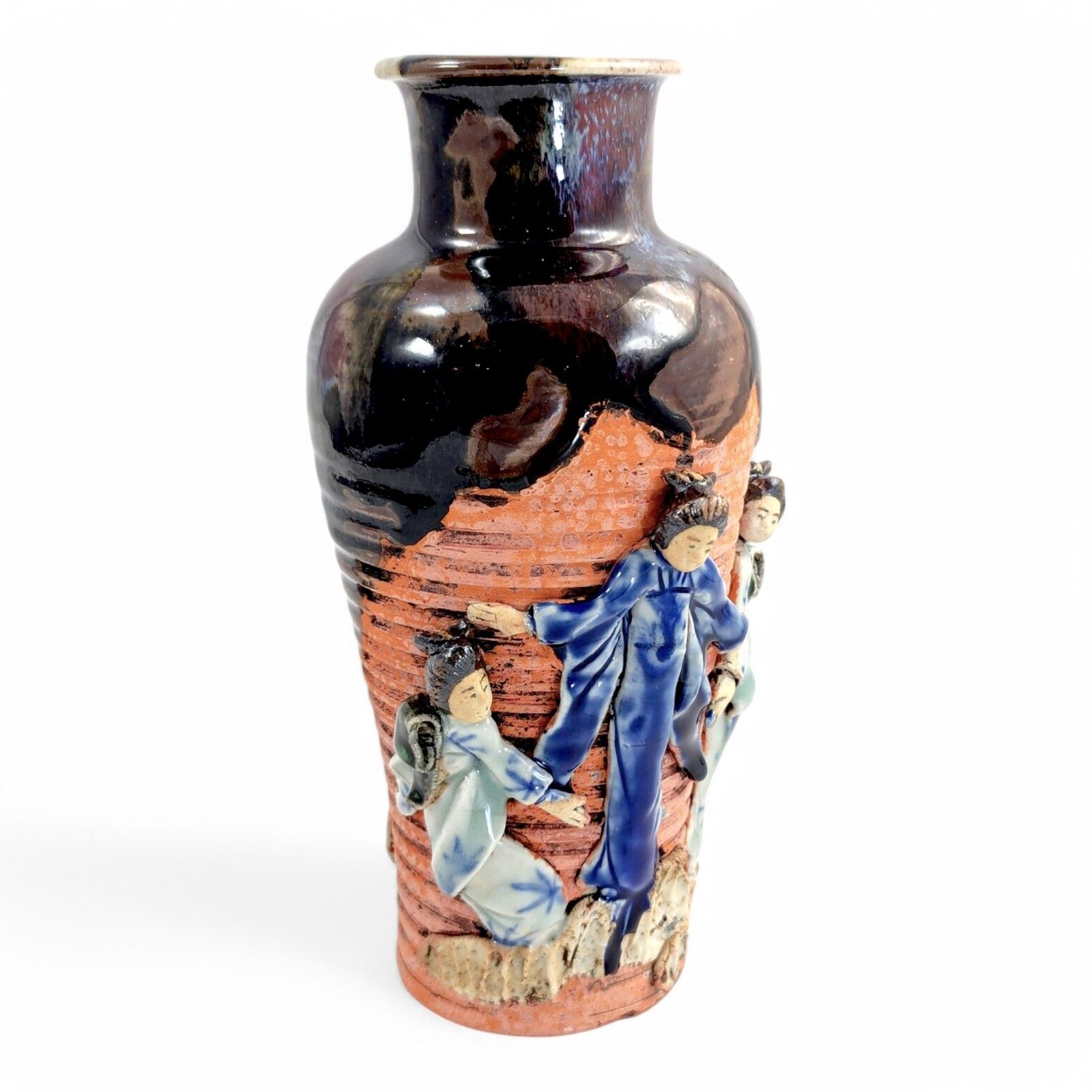 Sumida Gawa Japanese Vase With Child Figure, Signed Hiroshi Oxblood Glaze C 1900